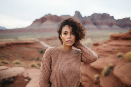 Portrait of a beautiful african american woman in the Valley of Fire State Park, Nevadaの素材