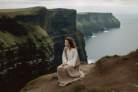 Beautiful young woman in a long white dress sits on the edge of the cliff and looks into the distanceの素材