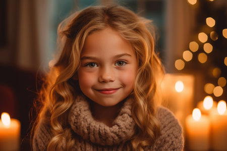Portrait of a little girl with long blonde curly hair in a knitted sweater on the background of a Christmas tree.の素材