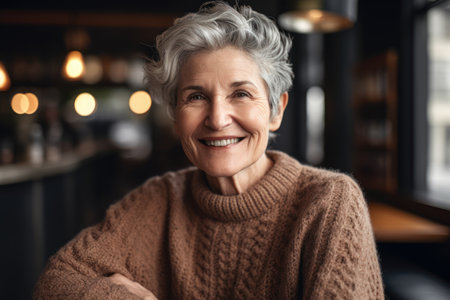 Portrait of smiling senior woman in sweater looking at camera in cafeの素材