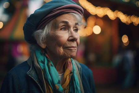 Portrait of an elderly woman on the background of the Christmas marketの素材