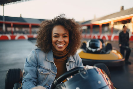 Young african american woman driving a bumper car on a race trackの素材