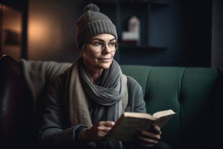 Portrait of mature woman in eyeglasses reading book while sitting on sofa at homeの素材