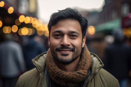 Portrait of a handsome Indian man smiling at the camera while standing on the street in the eveningの素材
