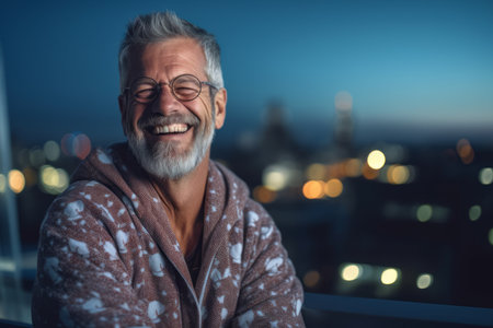 Portrait of happy senior man in glasses standing on balcony at nightの素材