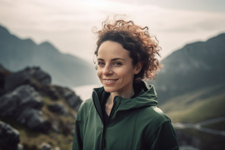 Portrait of a beautiful young woman with curly hair in the mountainsの素材