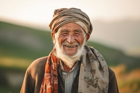 Portrait of an old man with a white beard in the fieldの素材