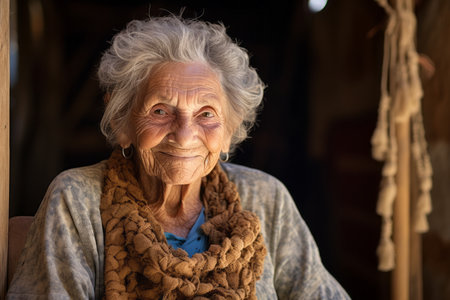 Portrait of an elderly woman in her home. Selective focus.の素材