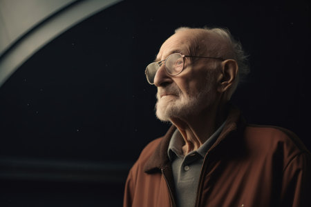 Portrait of an old man in a coat and glasses on a dark backgroundの素材