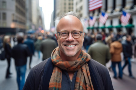 Handsome middle aged man wearing glasses and scarf in New York Cityの素材