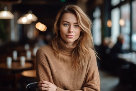 Portrait of a beautiful young woman sitting in a cafe and looking at the cameraの素材