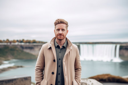Handsome young man in a beige coat on the background of a waterfallの素材