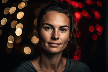 Portrait of a beautiful young woman on a background of bokeh lightsの素材