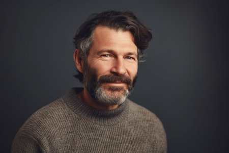 Portrait of a handsome middle-aged man in a sweater on a dark backgroundの素材