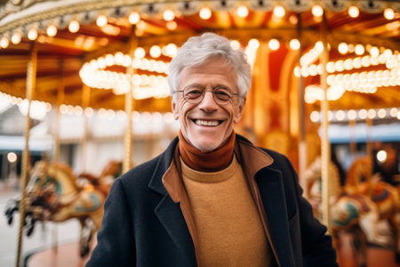 Portrait of senior man smiling at camera on carousel in amusement parkの素材