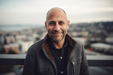 Portrait of a handsome bald man on the rooftop of a buildingの素材