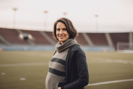 Portrait of a beautiful woman standing on the sports field in winterの素材