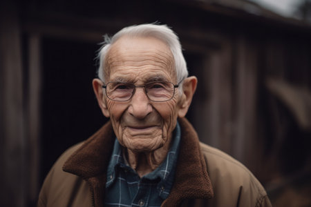 Portrait of an old man with glasses and a brown coat in the villageの素材