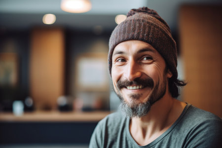 Portrait of a smiling bearded man in a hat in a cafeの素材