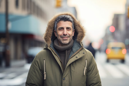 Portrait of a middle-aged man in a winter jacket in the cityの素材