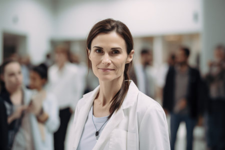 Portrait of a smiling female doctor standing in the hall of a hospitalの素材
