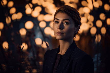 Portrait of a beautiful young woman in a dark coat. Fashion, beauty.の素材