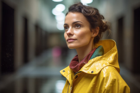 Portrait of young woman in yellow raincoat looking away in corridorの素材