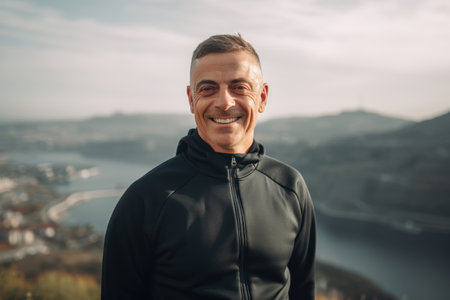 Handsome young man in black sportswear smiling and looking at camera while standing on top of a mountainの素材