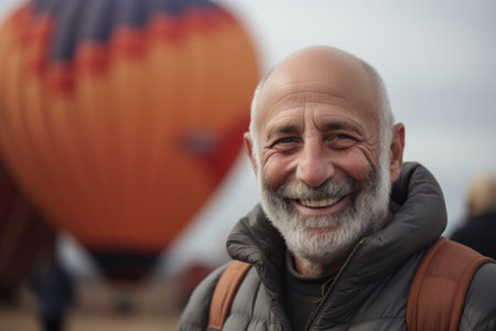 Portrait of a happy senior man with a gray beard on the background of hot air balloonsの素材