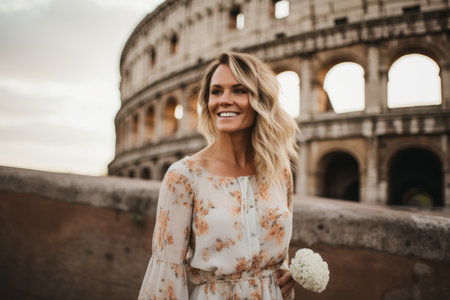 Portrait of a smiling young woman in front of Colosseum in Rome, Italyの素材