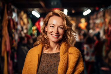 Portrait of a smiling mature woman in a sweater in a shopの素材