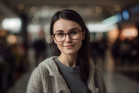 Portrait of a beautiful young woman in glasses in a shopping centerの素材