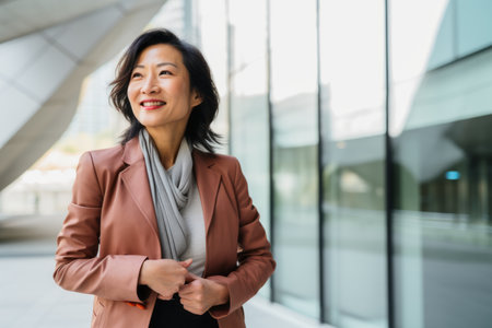 Asian businesswoman standing in an office building and smiling at the cameraの素材