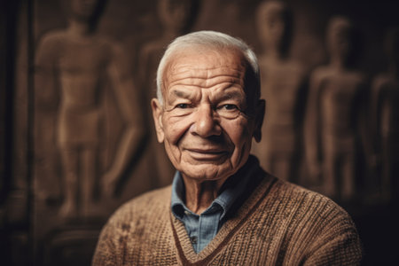 Elderly man with statues in the background at the ancient templeの素材