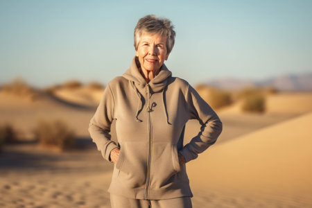Portrait of senior woman standing in sand dunes at sunny dayの素材