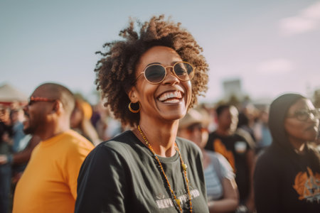 young african american woman with afro hairstyle and sunglasses at music festivalの素材