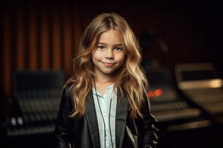 Cute little girl in a recording studio. Portrait of a beautiful little girl.の素材