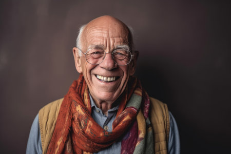 Portrait of a happy senior man wearing glasses and a scarf.の素材