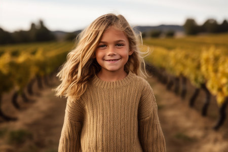 Portrait of a cute little girl in a vineyard in autumnの素材