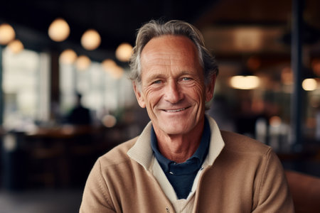 Portrait of smiling senior man sitting in cafe and looking at cameraの素材