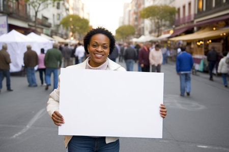 Portrait of happy african american woman holding blank sign in cityの素材