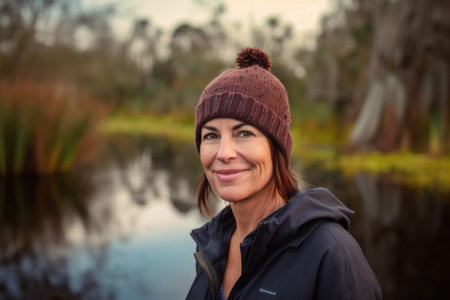 Portrait of a beautiful woman in a hat and jacket on a background of a lakeの素材