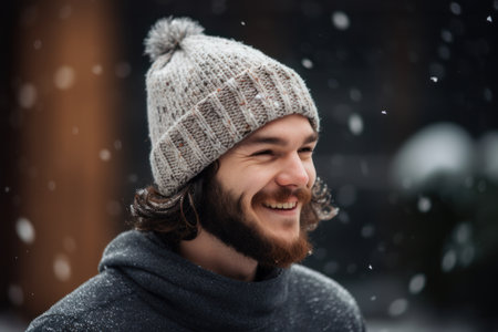 Portrait of a young man with a beard and a knitted hat on a background of snowfallの素材
