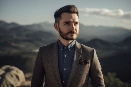 Portrait of a handsome young man in a suit on a background of mountainsの素材