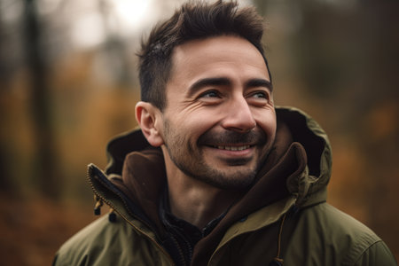 Portrait of a handsome young man smiling at camera in autumn forestの素材