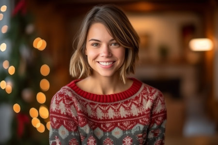 Portrait of beautiful young woman smiling at camera in front of Christmas tree.の素材