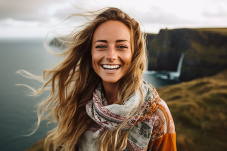 Portrait of a smiling young woman wearing scarf and looking at camera while standing outdoorsの素材