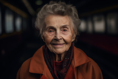Portrait of an elderly woman in a red coat in a train stationの素材