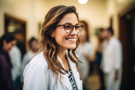 Portrait of smiling female doctor in eyeglasses standing in hospital corridorの素材