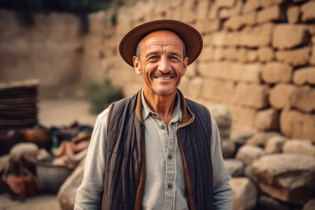 Portrait of a smiling senior man with hat sitting on the groundの素材